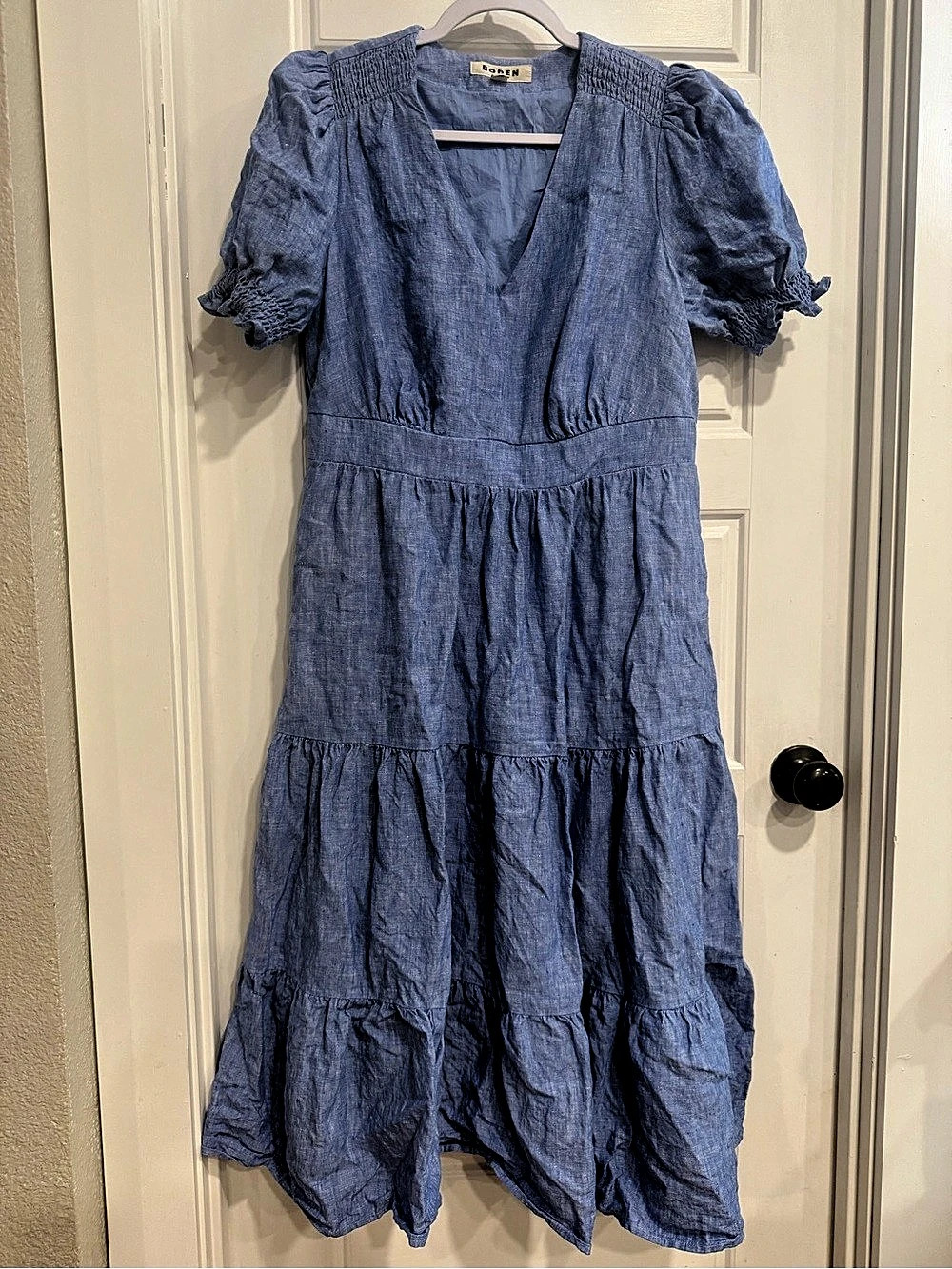 Boden Blue Linen Tiered Midi Maxi Dress US 10P Puff Sleeve Smocked EUC